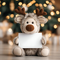 Cute plush reindeer holding a blank sign, perfect for holiday decoration or personalized messages.