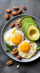 Delicious breakfast plate featuring fried eggs, avocado slices, and mixed nuts for a healthy start to the day.