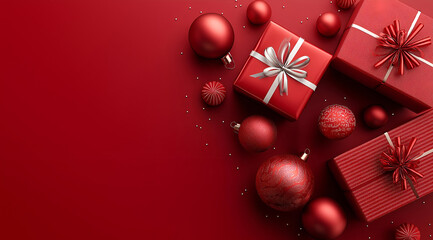 Festive red gifts and ornaments symbolize the joy and spirit of holiday celebrations, perfect for seasonal themes.