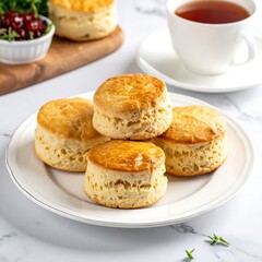 Golden-brown biscuits with a cup of tea and cranberry preserve