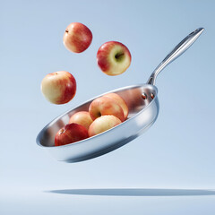 Fresh apples flying above a shiny frying pan against a minimalist background, showcasing vibrant colors and textures.