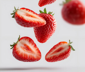 Fresh and vibrant strawberries in a dynamic floating arrangement, showcasing their juicy appeal and natural beauty.