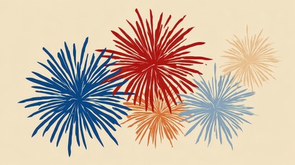 Colorful Fireworks Exploding in Dark Blue Red Light Blue and Orange Against Light Beige Background Celebrating Joyful Occasion and Festivities