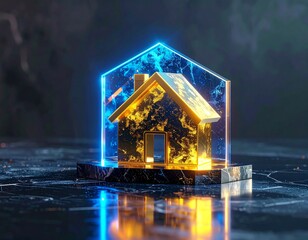 Golden House Under Translucent Energy Shield Financial Protection Concept