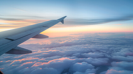 Fototapeta premium First Light Flight — Gentle Pastels, wing of airplane