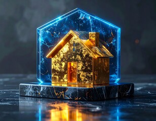 Golden House Under Translucent Energy Shield Financial Protection Concept