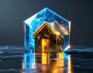 Golden House Under Translucent Energy Shield Financial Protection Concept