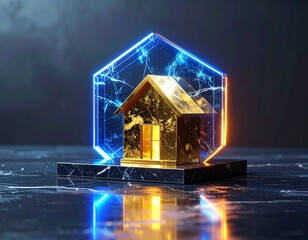 Golden House Under Translucent Energy Shield Financial Protection Concept