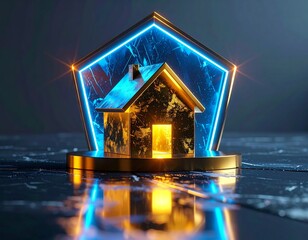 Golden House Under Translucent Energy Shield Financial Protection Concept