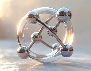 Three-dimensional, reflective metal molecular structure set in a glass ring