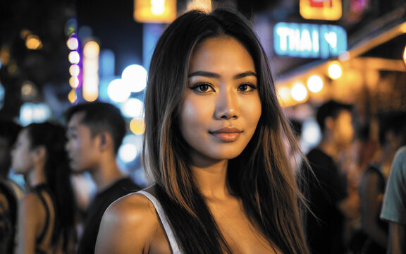 young woman with long brown hair standing on illuminated city street at night with crowd of people in background.