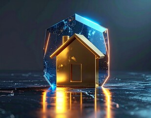 Golden House Under Translucent Energy Shield Financial Protection Concept