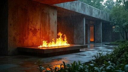 Stone courtyard with open flames and humid environment