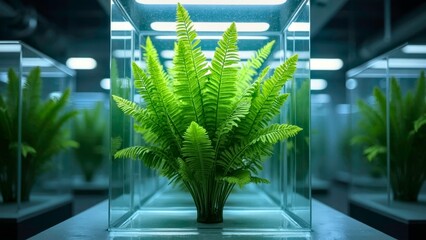 Multiple green plants displayed in science fiction laboratory