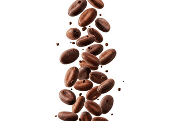 Obraz premium Macro close-up of glossy, dark brown roasted cocoa beans suspended mid-air, falling dynamically against a stark white background with rim lighting and shallow depth of field. concept for premium