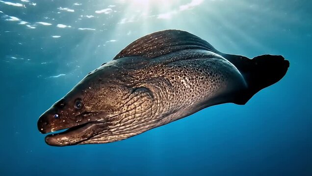 Stunning underwater footage of a moray eel gracefully swimming in the deep blue ocean waters