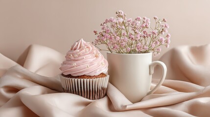 Pastel Cupcake with Pink Frosting Next to Small Pink Flowers in a White Mug on a Creamy Shimmering Fabric