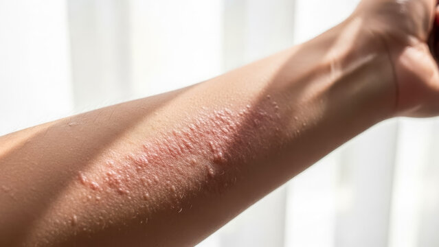 A close-up view of a person's forearm reveals a red, raised, and irritated skin rash, possibly indicating eczema or an allergic reaction requiring medical attention.