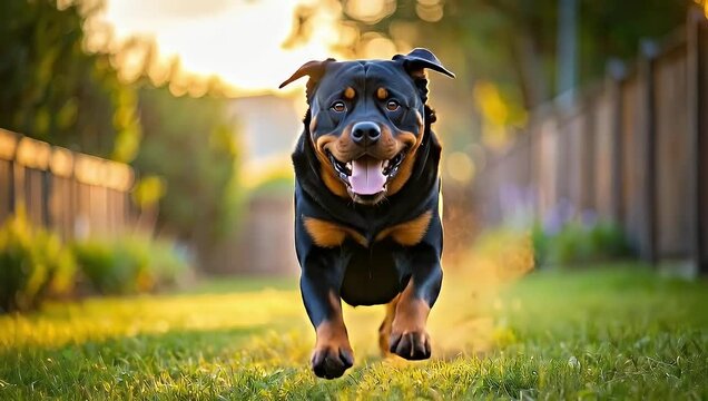 Joyful Rottweiler Sprinting Through a Sunny Meadow, Capturing Canine Delight and Energy
