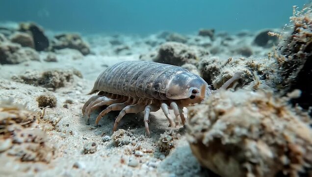Fascinating Giant Marine Isopod, Bathynomus, Crawling on Sandy Ocean Seabed with Rocks and Algae, Underwater Wildlife Macro Shot, 4K