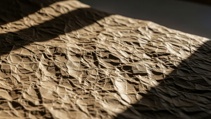 Close-up view of heavily crumpled brown paper displaying deep textures and sharp geometric shadows, creating a compelling abstract pattern and emphasizing its raw, tactile quality.