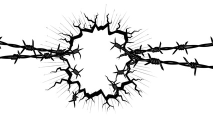 Barbed wire forming a circular crack, symbolizing restriction and broken barriers, on a white background.