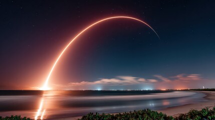 Night Launch of a Rocket from the Coast with Sparkling Light and Ocean Reflection under Starry Sky