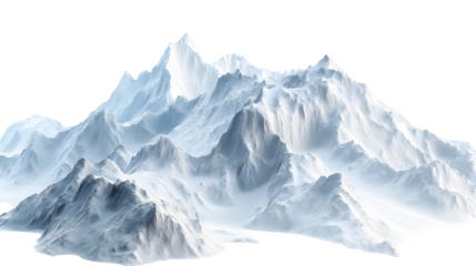 Panoramic digital rendering of rugged snow covered mountain range peaks isolated on a pure black background creating a stark isolated landscape graphic element