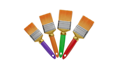 3D Four colorful paint brushes arranged in a fan shape on transparent background