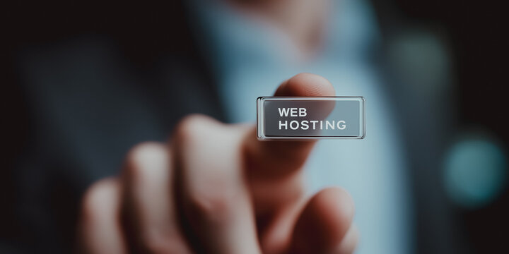 A finger elegantly presses a sleek Web Hosting button, representing the core of digital connectivity and online presence. - Powered by Adobe