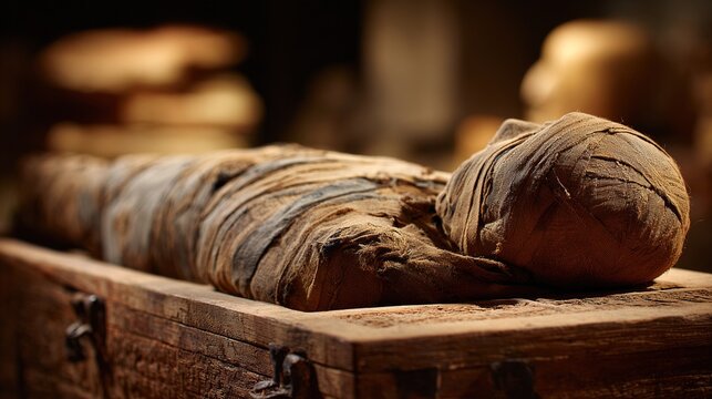 sarcophagus. Ancient Egyptian mummy in stone sarcophagus with linen bandages, museum display. event programs, museum guides, designed for cultural heritage projects and event programs.