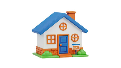 3D Cartoon House with Rent Sign on transparent background