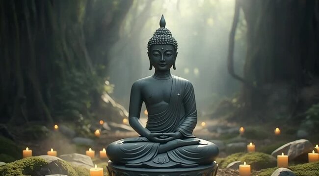 A serene Buddha statue sitting in deep meditation on a lotus base, placed in a mystical forest setting. Soft green moss-covered rocks surrounding the statue, warm glowing candles gently flickering in 