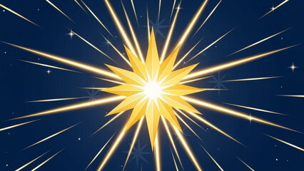 Fototapeta premium Bright yellow starburst with rays on dark blue background with stars, shining light effect, radiant beam, explosion, glow, illustration, graphic element, dynamic energy