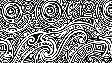 Abstract black and white tribal geometric seamless pattern with swirling waves, circular motifs, bold line art, ethnic ornamental background design