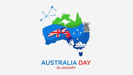 Obraz premium Australia day celebration on january 26th with map, flag, koala and stars