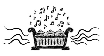 Traditional Indonesian Gamelan Instrument with Musical Notes Floating Above.