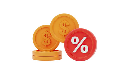 3D Coins with Dollar Sign and Percentage Symbol on transparent background