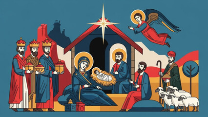 Nativity scene with holy family, three wise men, shepherds, angel, and sheep under a bright star, colorful illustration