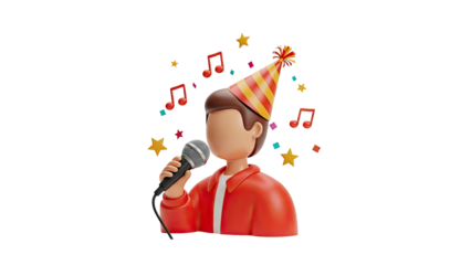 3D render of a person singing with party hat and music notes on transparent background