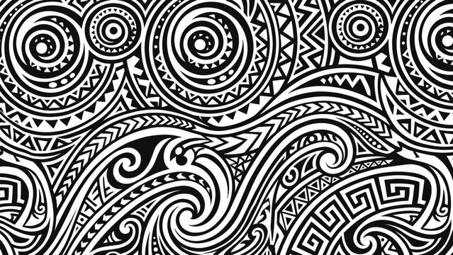 Abstract black and white tribal geometric seamless pattern with swirling waves, circular motifs, bold line art, ethnic ornamental background design