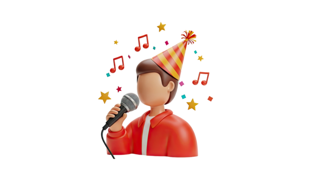3D render of a person singing with party hat and music notes on transparent background - Powered by Adobe