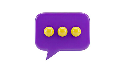 3D Purple speech bubble with three yellow dots on transparent background