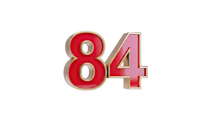 3D Red number 84 with golden border on transparent background