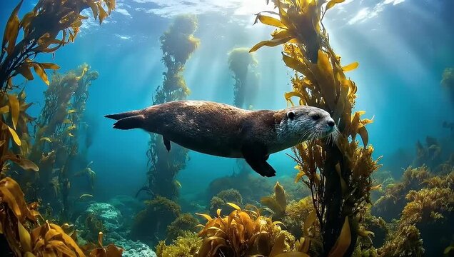 Graceful Sea Otter Swimming Through Vibrant Kelp Forest Underwater with Sun Rays, Slow Motion 4K