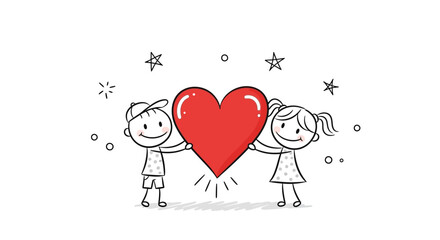 Two stick figures holding a big red heart together showing love and affection.