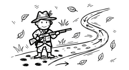 Hunter with Rifle on Trail - Cartoon Illustration.