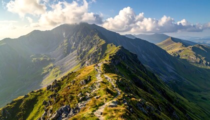 Aerial view captures a rugged mountain range under a partly cloudy sky, featuring a winding path along a ridge