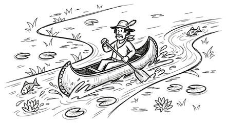 Man in a Canoe Paddling Down a River.