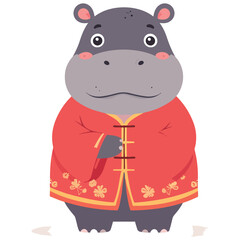 cute hippo in traditional Chinese robe vector flat design, 